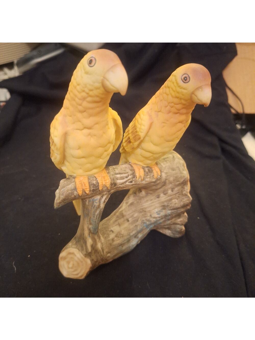 Two Yellow Love Birds Parrots Figurine Setting On Stump